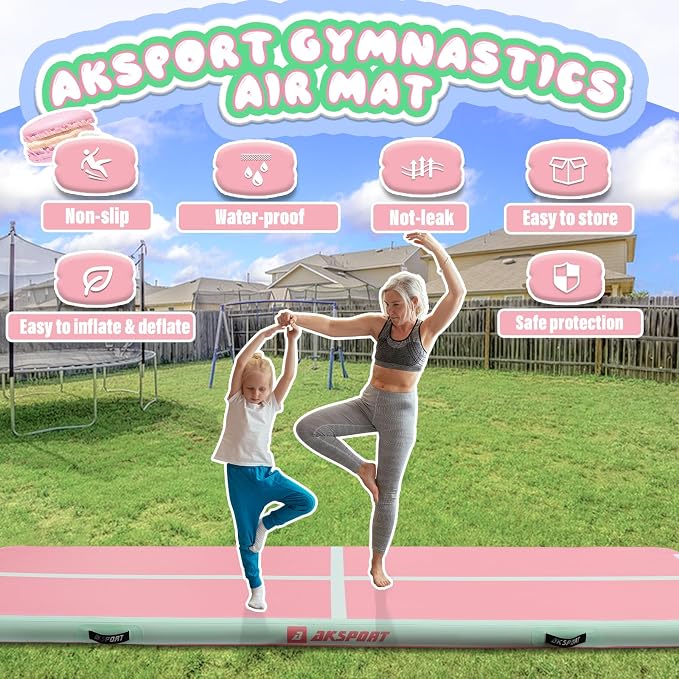 AKSPORT Inflatable Gymnatsics Mat Tumble Track 10ft 13ft 16ft 20ft 23ft Air Tumbling Mat with Air Pump for Home Use/Training/Cheerleading/Yoga