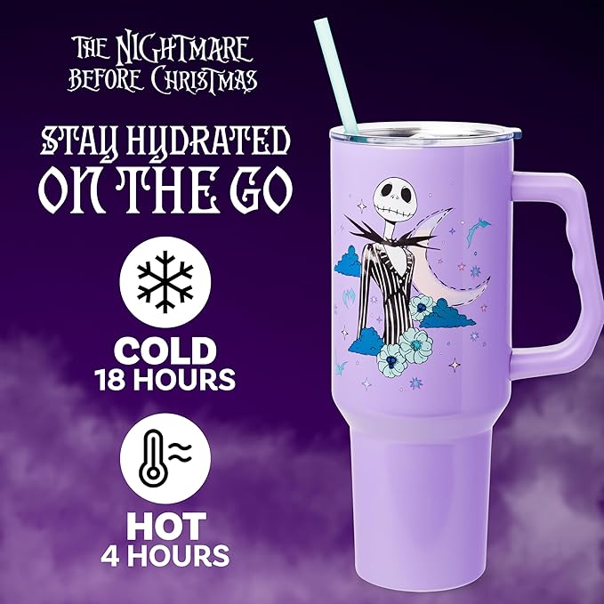 Silver Buffalo Disney Nightmare Before Christmas by Tim Burton Jack Skellington Double Walled Stainless Steel Tumbler with Handle and Straw, Fits in Standard Cup Holder, 40 Ounces