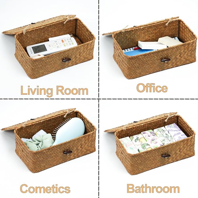 Wicker Storage Basket with Lid, Seagrass Storage Baskets for Organizing | Rectangular Woven Basket for Storage, Decorative Boxes Bins with Lid Home Organizer Decor, Small Storage Box, Shelf Organizer