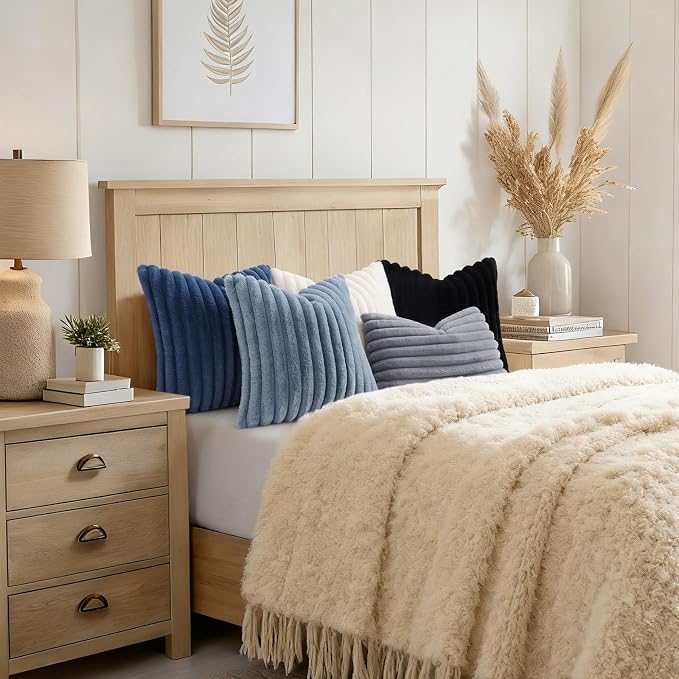 decorUhome Fall Faux Fur Throw Pillow Covers 22x22 Set of 2 Navy Blue | Decorative Soft Cozy Striped Plush Modern Farmhouse Boho Couch Pillow Cases Velvet Back for Sofa Bed Living Room Home Decor
