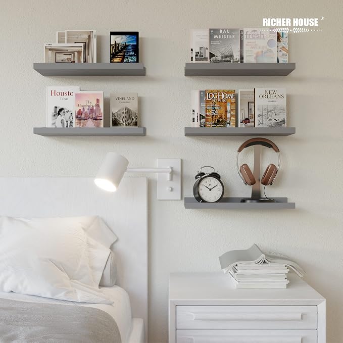 RICHER HOUSE Mounted Shelves for Wall Decor, Modern Picture Ledge Shelf with Lip for Wall Storage Nursery, Bedroom, Living Room, Bathroom - Grey | Display Picture Ledge Shelf, Anti-drop lip Shelf for Room Wall Decor, Bedroom Bathroom Storage Nursery Bo...