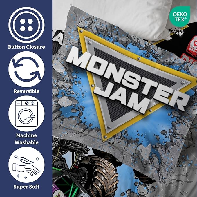 Jay Franco Duvet Cover Set – 2 Piece Comforter Cover and Sham Set, Super Soft Cozy Kids Bedding (Insert Not Included) Grey - Monster Jam, Twin