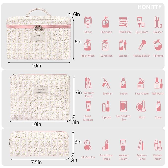 honitty Makeup Bag,Quilted Cosmetic Bags,Large Floral Make Up Organize bag,Makeup Bag Set for Women,Flower Travel Toiletry Bag