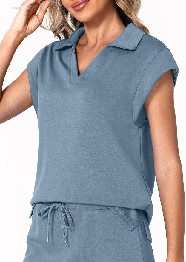 Casly Lamiit Womens Two Piece Skirt Sets Casual Cap Sleeve Lapel V Neck Tops Summer Travel Outfits Short Tennis Skort Set