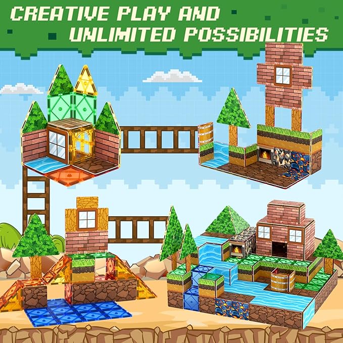 84PCS Magnetic Tiles Building Blocks with Toppers Simulate Mine Magworld Building Craft Construction Game Playset Kids Toys Learning Sensory Toys Gift for Age 4-6, 5-7, 8-12 Boys Girls Gamers