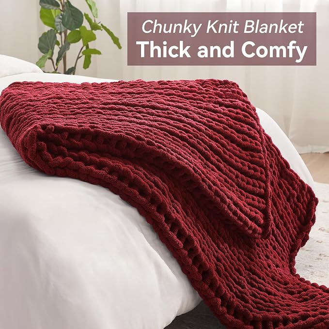 Negwoo Chunky Knit Throw Blanket, Knitted Throw Chenille Yarn, 40"*50" | Soft Thick Cable Knitted Blankets, Handmade Big Thick Blanket, Machine Washable Cute Comfy Blanket for Home Decor, Red