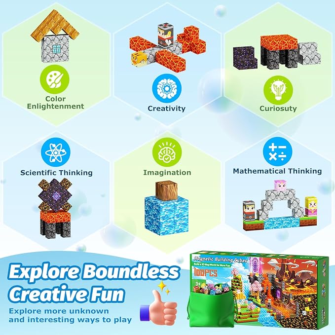 100PCS Magnetic Blocks, Magic Forest Set for Boys & Girls Toys Age 3-5 6-8 8-10, Magnetic Tiles 1" Building Blocks Toddler STEM Sensory, Creative Kids Games Kids Toys