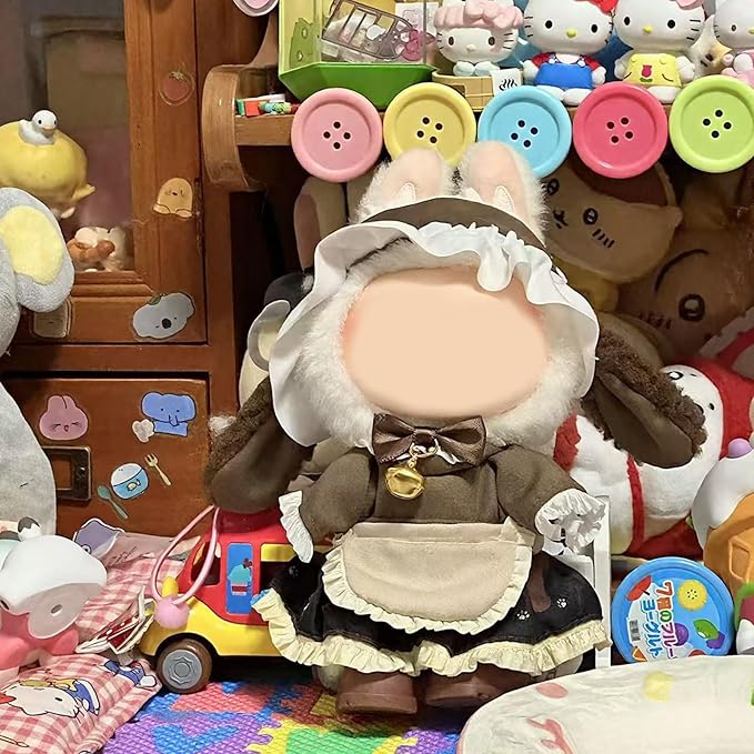 Clothes for Doll, 15/17cm Doll Clothes Set Suitable for Dolls Accessories - Hairband + Brown Top + Bib + Pleated Skirt + Bell Strap(NO Doll),Maid Costume2