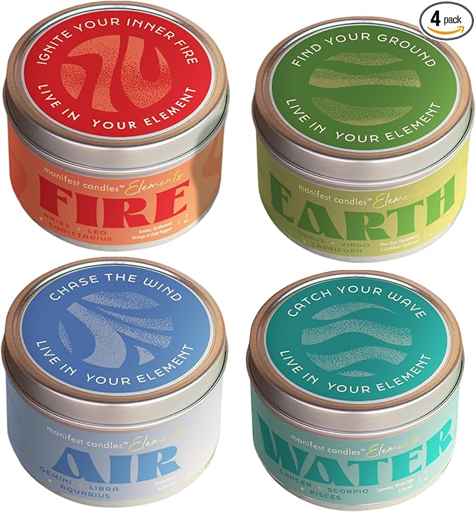 Zodiac Candles Gift Set 4 Pack – Astrology Candles for Women, Horoscope Candle Set with Fire Earth Air & Water Elements, Coconut Soy Wax, 7oz Tin Candle – Zodiac Gifts for Women, Astrology Gifts