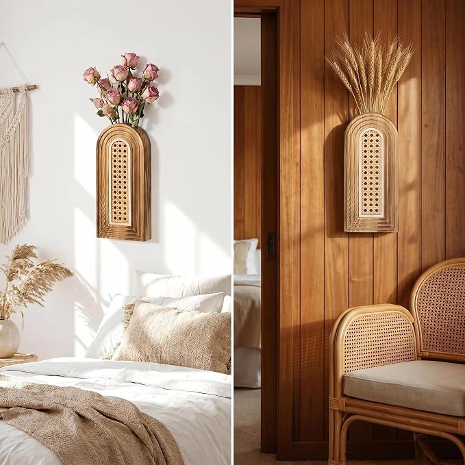 Dnnnii 2 Pack Wooden Wall Vase Set - Brown Finish Hollow Rattan Modern Farmhouse & Boho Wall Decor for Entryway, Hallway, Bathroom, Living Room, Dining Room, Narrow Spaces
