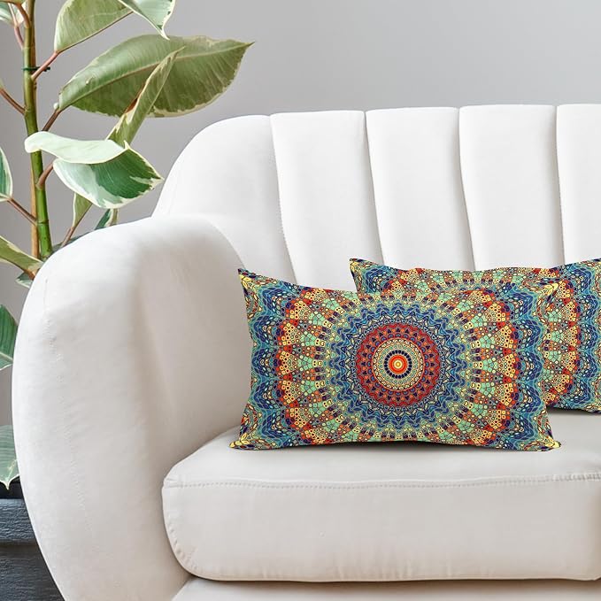 Boho Mandala Floral Lumbar Pillow Covers 12X20 Inch Set of 2 Navy Blue Orange Abstract Flower Decorative Pillow Cases Colorful Retro Ethnic Cushion Case Home Decor for Sofa Couch Porch Outdoor