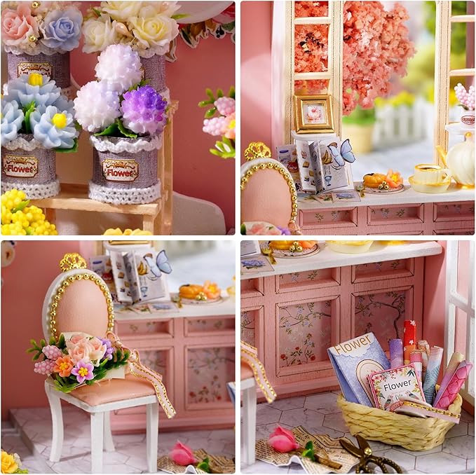 Foyucool DIY Miniature House Kit, Dollhouse Kit with LED Light, Mini House Building Kits for for Adult to Building, Christmas Home Decorations Gifts for Family and Friends, Pink World