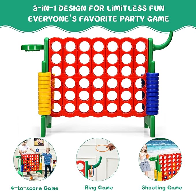 COSTWAY Jumbo 4-to-Score Giant Game Set for Kids & Adults, 2.5Ft Indoor Outdoor Game with Basketball Hoop, Ring Game, 42 Jumbo Rings, Quick-Release Slider, Perfect for Birth & Holiday Party