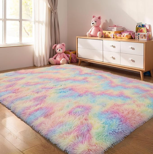 5x8 Rainbow Unicorn Fluffy Shag Rug for Girls Bedroom, Plush Carpet | Area Rug for Living Room, Nursery, Teens Boys Dorm Room, Washable Non Slip Shaggy Carpet