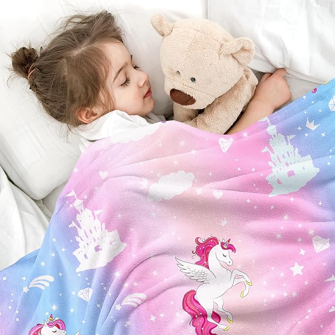 Wajade Kids Pink Unicorn Blanket for Girls,Soft Fleece Kids Blanket for Couch Sofa Bedroom, Unicorn Castle Clouds Throw Blanket for Kids,60"x80"
