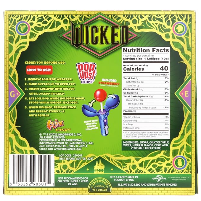 Limited Edition Wicked Pop Ups Gift Set, Individually Wrapped Suckers with Character Lollipop Holders, Artificial Dye Free, Strawberry Flavored, 1.41 Ounces
