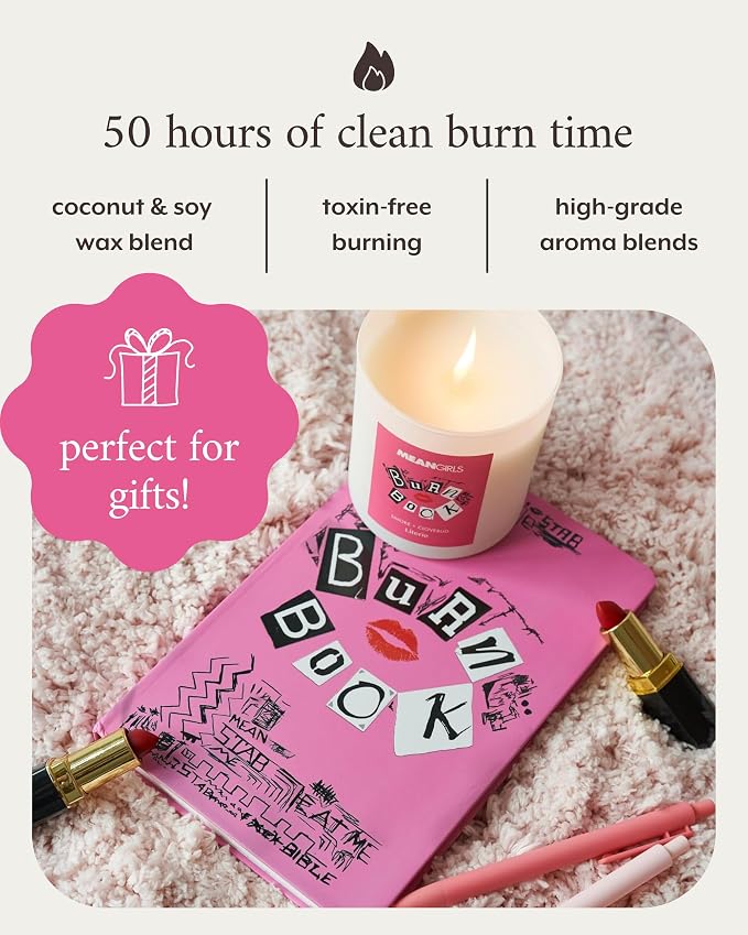 Literie Mean Girls Inspired Scented Candle: Burn Book - Smoke + Clovebud Scented, 9oz, 50 Hour Burn, Vegan Soy & Coconut Blend Candle for Home Decor, Gift for Women & Men