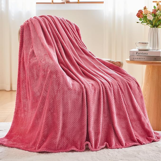NEWCOSPLAY Fleece Leaves Pattern Queen Blanket, Coral Pink, 90"x90" | Super Soft Throw Blanket, Lightweight Cozy Bed Sofa Blanket, Premium Silky Flannel Fleece, Travel Blanket for All Season Use