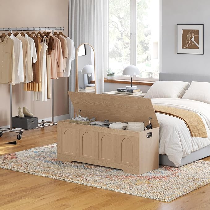 Storage Chest, Wooden Toy Box with Lid, Natural 47.2" L | Entryway Shoe Bench, 2 Soft-close Hinges, Finger-safe Flip-Top Lid, Easy Assembly, Farmhouse Large Trunk, Living Room/Bedroom