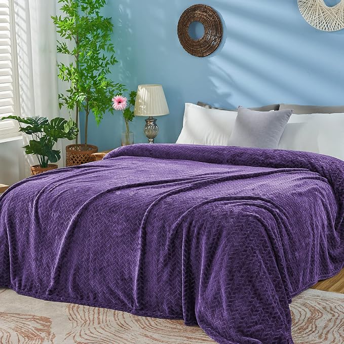 inhand Purple Fleece Twin Blanket, Super Soft Flannel Leaves Pattern Fuzzy Blanket for Couch Sofa Bed, 60 x 90 Inches