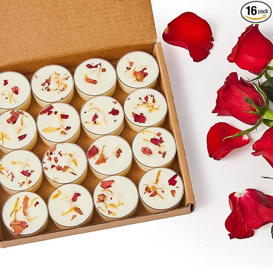 Ashlux 4-Hour Acrylic Rose Soy Wax Scented Tea Lights, 16 Pack Bulk | 4-Hour Long Burning, Non-Paraffin, Smokeless, Tealight Candles for Weddings, Table Centerpieces, Home Decor & Christmas