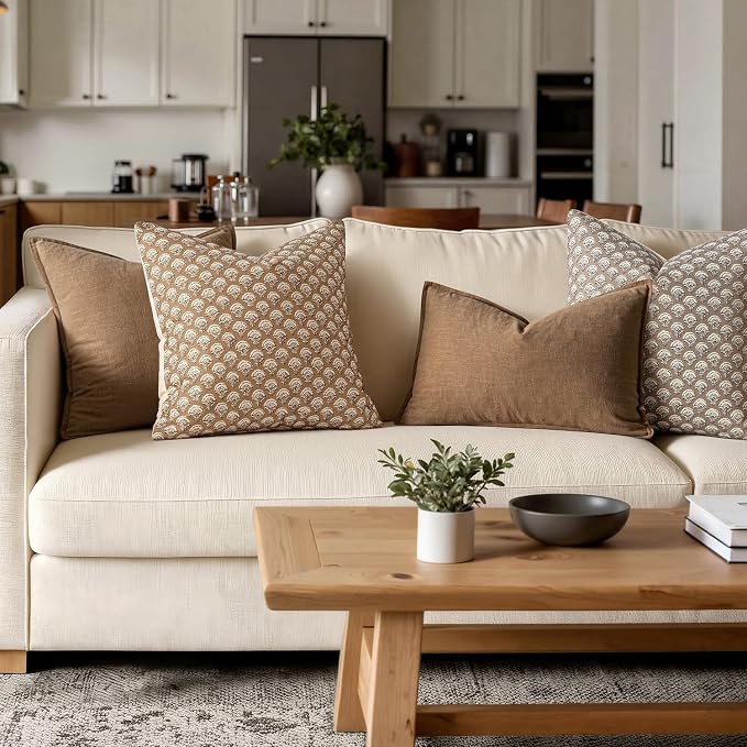 MIULEE Floral Print Decorative Euro Pillow Covers 22x22, Cognac | Vintage Boho Farmhouse Modern Home Decor, Set of 2, Block Print Cushion Covers for Couch Sofa Bed Living Room