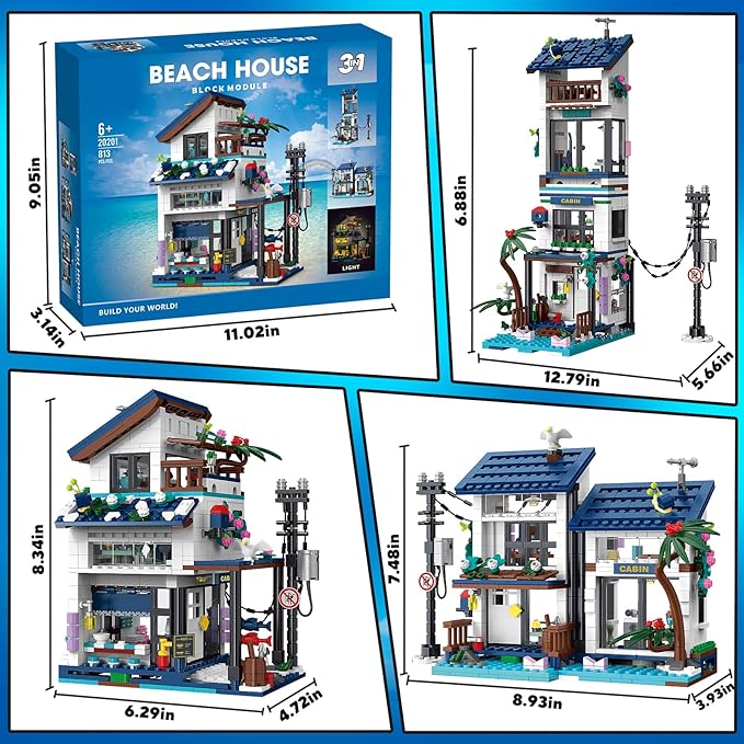 3 in 1 City House Building Sets,Creative Modern House with Light,Seaside Beach Villa Japanese Style Cottage Friends Vacation Hut Building Blocks Toys for Kids Ages 6+