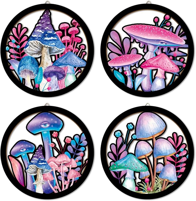 HPNIUB Abstract Whimsical Mushroom Cottage Wall Decor, Watercolor Moody Botanical Plant Moss Hanging Sign, 4 Pieces 10''x10'' Vintage Farmhouse Magical Mushroom Artwork for Bedroom Nursery Home Decor