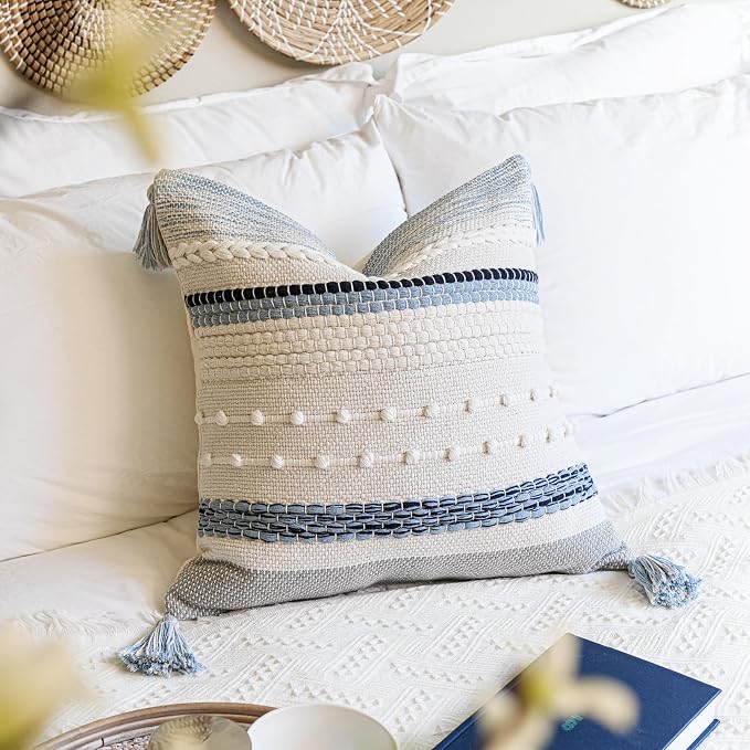 Coastal Blue Boho Decorative Throw Pillow Cover 18x18 Modern Bohemian Accent Pillow Case Square Woven Textured Farmhouse Pillows for Couch Bed (Pack of 1)