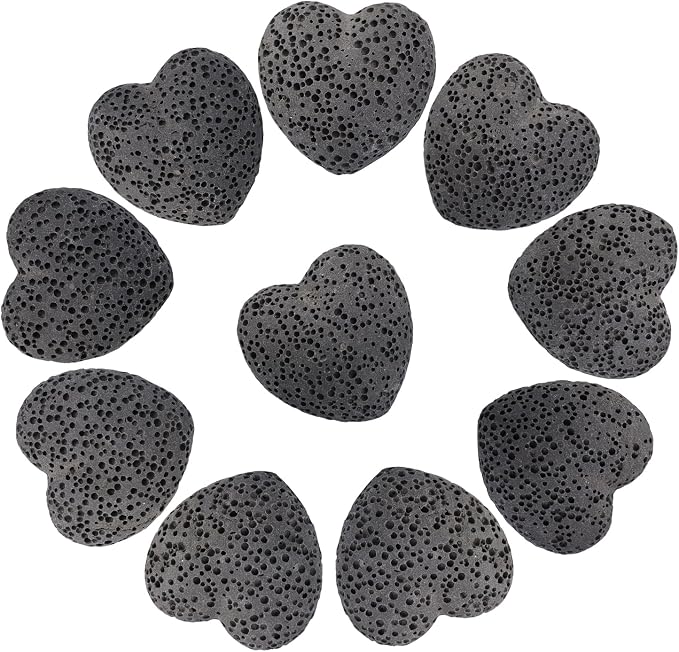 TUMBEELLUWA 10 PCS Black Heart Shaped Lava Rocks for Essential Oils | 1 Inches Porous Oil Diffuser Stone, Aroma Diffuser for Home Office, Carved Heart Stone for Romantic Wedding Favor & Decor