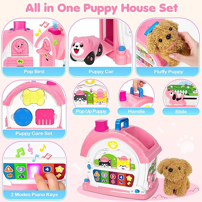 Montessori Toys for 1 2 3 Year Old Girl Gifts, Baby Musical Toys 12-18 Months, 10 in 1 Bilingual Learning Toy with Sound Light, Pretend Toy with Plush Puppy, First Birthday for Toddlers