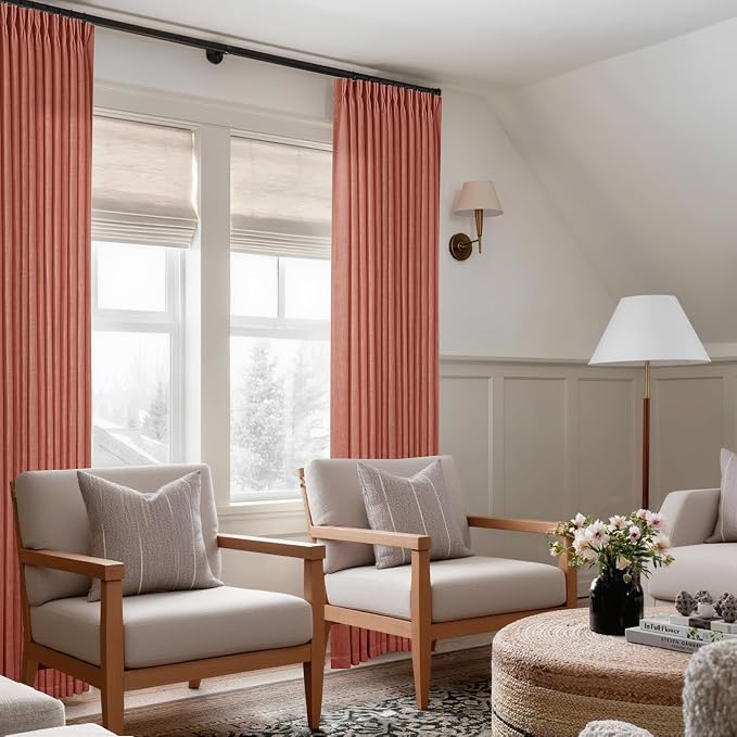 Firebrick 80 Inch Pinch Pleated Light Filtering Linen Curtains 2 Panels | Boho Farmhouse Autumn Fall Decor, Thick Linen Semi Sheer, Back Tab Pinch Pleat Hooks Rings, Terracotta Red Clay Burnt Orange
