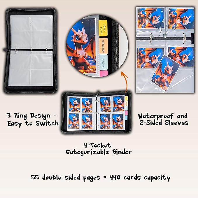 Trading Card Binder 4 Pocket, 440 Pockets 3 Ring Binder, Includes Name Tag, Tab Stickers, Cards Binder Album Book Holder Case for Baseball Football Sports Tcg Binder (Black Sport)