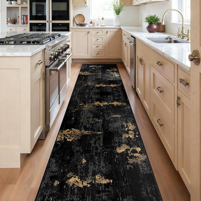 RELEANY Washable Runner 2'x10' Abstract Area Rug for Hallway Black Gold | carpet for kitchen, entryway, bathroom, living room, bedroom, printed pattern, non-slip, soft, stain-resistant, easy to clean
