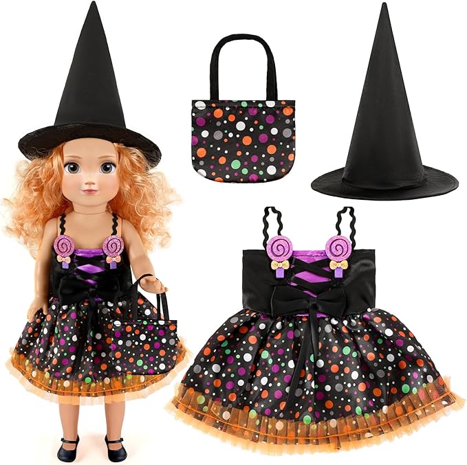 JANYUN 18 Inch Doll Clothes Accessories, Halloween Witch Costume Candy Corn Suit Set with Witch Hat Candy Bag for Doll Halloween Costumes Gifts for Children