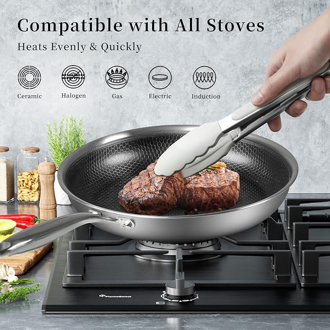 Innerwell Stainless Steel Frying Pan Nonstick Frying Pan with Lid 10 Inch Honeycomb Stainless Steel Skillet Woks Pan for Gas Electric Induction Ceramic Stoves and Oven | Honeycomb Nonstick Coating, PFOA-free & Non-Toxic. Compatible with All Stoves, Eas...