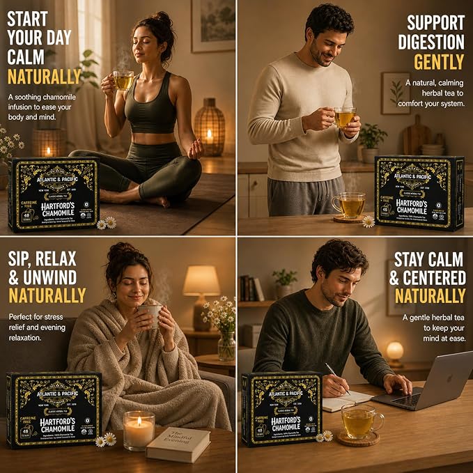 A&P Coffee Hartford’s Chamomile Tea Bags, 48 Count, Caffeine Free Herbal Tea, Soothing Bedtime Tea, Calming Relaxation Blend, Smooth Flavor, Hot or Iced Tea, Premium Herbal Infusion, Fresh Aroma