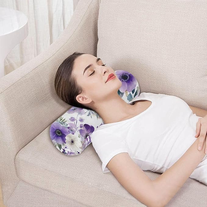 Purple White Lotus Flowers and Berries Neck Roll Pillow Bolster Round Health Memory Foam Long Cervical Cylinder Pillows with Removable Washable Cover for Body Bed Legs Back Yoga