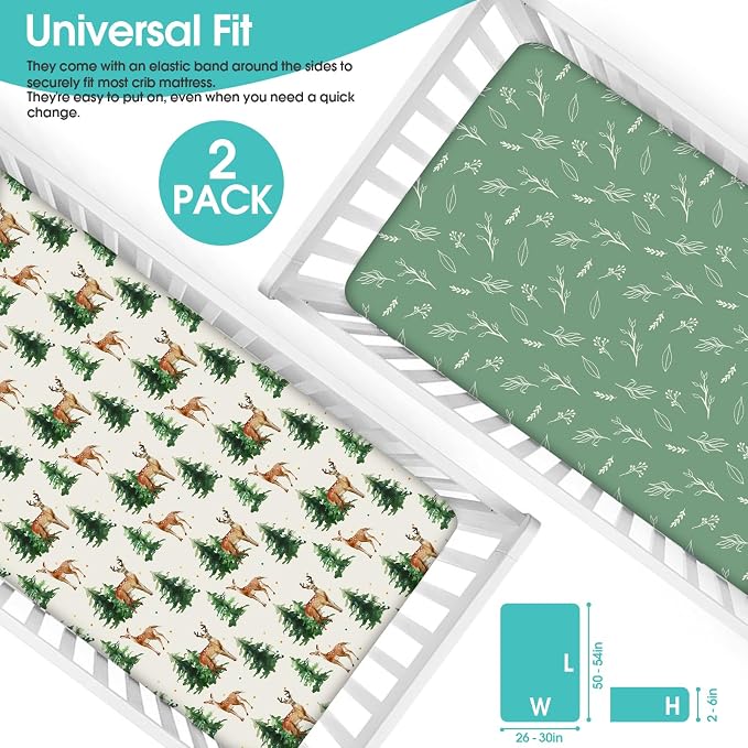 BROLEX Baby Fitted Crib Sheets: Kid Crib Sheets - Set of 2 for Toddler Standard Size Crib Mattress for Boys and Girls - Jersey Knit Crib Bed Sheets Sika Deer&Foliage