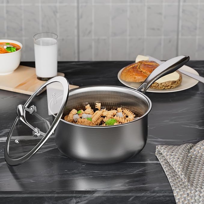 COOKER KING 3 Quart Stainless Steel Saucepan with Lid, Tri-Ply Ceramic Nonstick Pot, Metal Utensil Safe, Dishwasher & Oven Safe up to 900F, Induction Cookware for All Stovetops