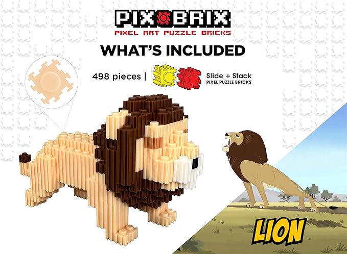 Pix Brix - Wild Kratts Toy Pixel Art Kit - Lion, 498 Pieces - Patented Slide + Stack Pixel Puzzle Building Bricks, Build & Collect Wild Kratts Animals - Stem Toys, Ages 6 Plus