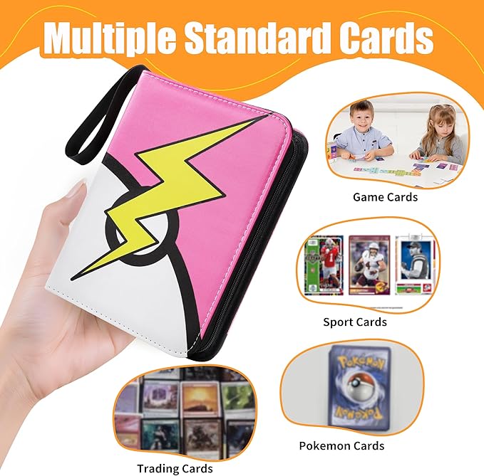 Card Binder 4 Pocket, Trading Card Binder With 50 Removable Sleeves, Portable Card Collection Binder for Standard Cards (Pink)