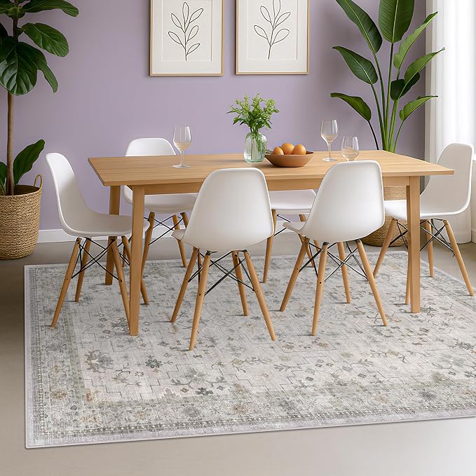 Boho Large Living Room Rug 8x12 - Washable Low Pile Area Rug for Dining Room, Neutral Light Gray & Sage Bedroom Carpet, Distressed Vintage Floral Design, Low Pile Stain Resistant
