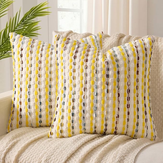 ANRODUO Boho Decorative Pillow Covers Yellow Cream 20x20 Inch Set of 2 | Chenille Tufted Pillow Covers, Woven Throw Pillow Covers with Raised Stripes, Neutral Pillowcase for Couch Sofa Living Room