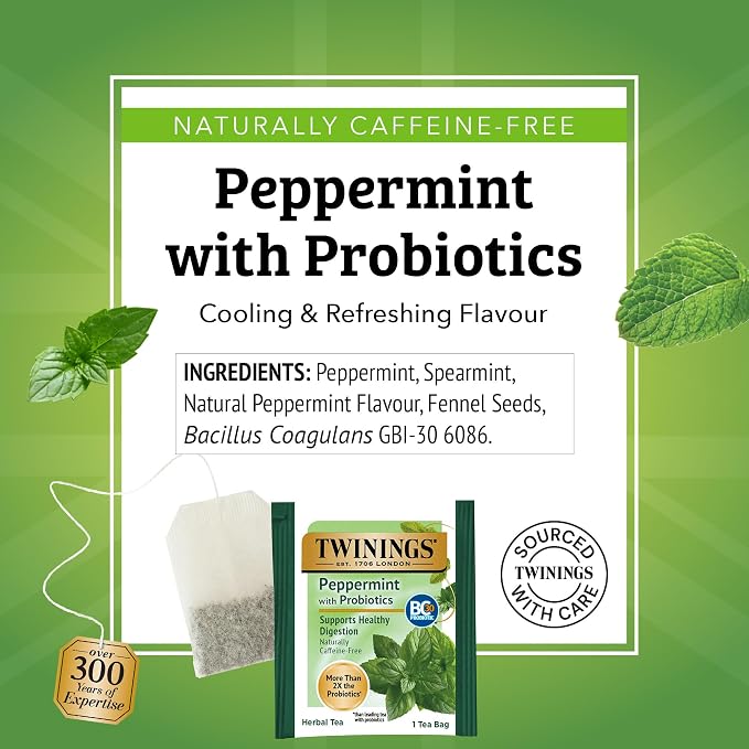 Twinings Superblends Probiotics+ Peppermint & Fennel Herbal Tea, 250 Million CFUs per Cup, 18 Tea Bags (Pack of 2), Naturally Caffeine-Free, Enjoy Hot or Iced