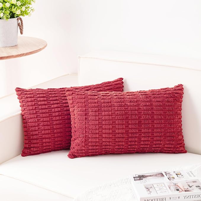 Pack of 2 Corduroy Decorative Throw Pillow Covers 12x24 Inch, Cranberry Red | Fall Soft Striped Pillow Covers Modern Farmhouse Home Decor Christmas Throw Pillow Covers for Sofa Living Room Couch Bed