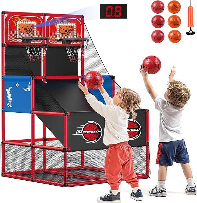 M SANMERSEN Kids Double Basketball Hoop Arcade Game Set with 6 Balls Electronic Scoreboard LED Light, Indoor & Outdoor Play, Birthday/Halloween for 3-8 Year Old Boy and Girl