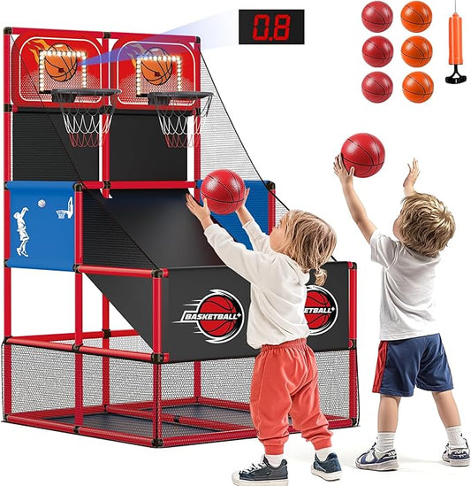 M SANMERSEN Kids Double Basketball Hoop Arcade Game Set with 6 Balls Electronic Scoreboard LED Light, Indoor & Outdoor Play, Birthday/Halloween for 3-8 Year Old Boy and Girl