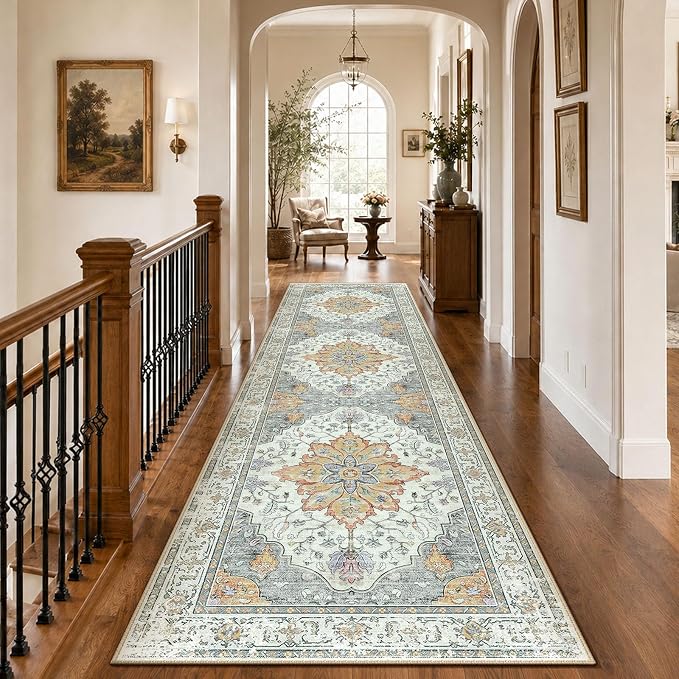 RELEANY Area Rugs Runner 3'x10' Washable Non-Slip, Floral Vintage Distress Medallion Carpet for Kitchen Hallway Bedroom Beside Laundry Room Bathroom, Beige Carbon Grey Orange