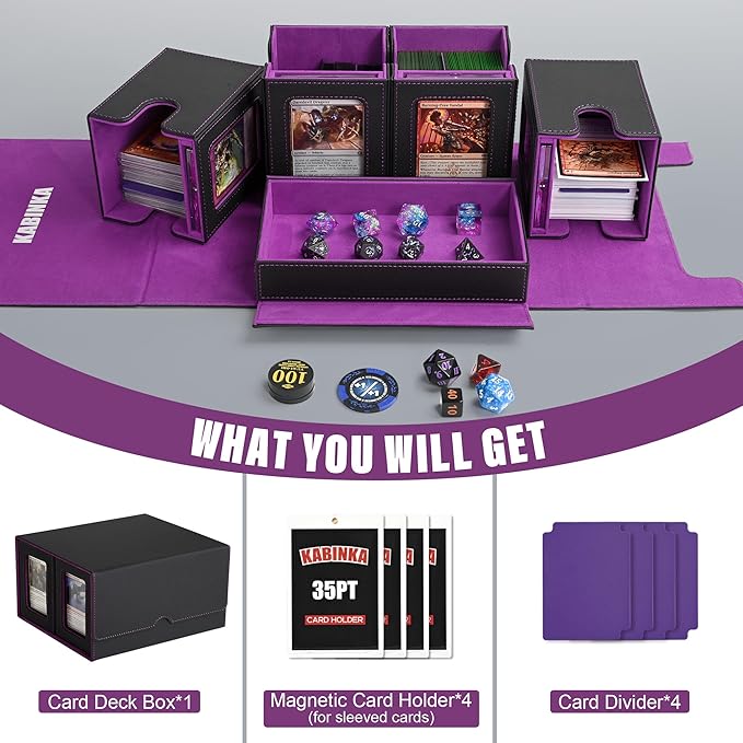 Kabinka Card Deck Box for MTG Commander, Holds 400+ Double-Sleeved Cards, 5 IN 1 Detachable Card Case with Dice Tray, Fits Magic/TCG Cards, 4 Magnetic Card Holders & Dividers (Black Purple)